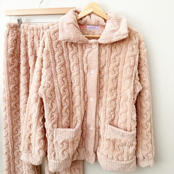 CHEIBEAR | Blush Light Pink Cableknit Style Fluffy Lounge Set Soft Plush | Large - Picture 3 of 11